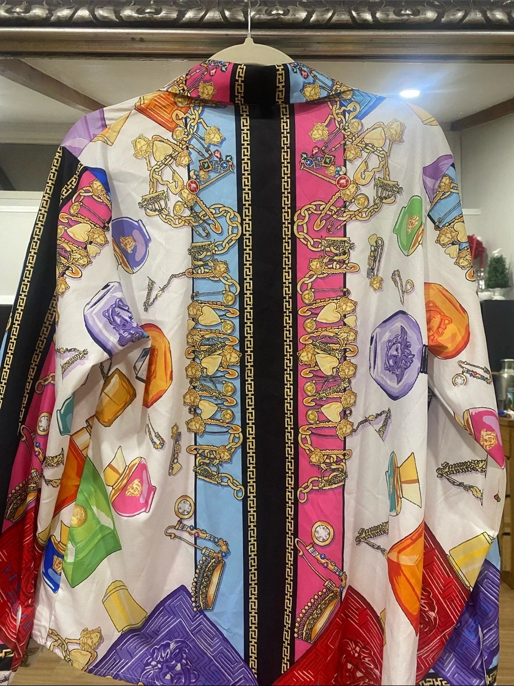 Women's Multicolor Scarf-Print Satin Blouse - Vibrant White Base